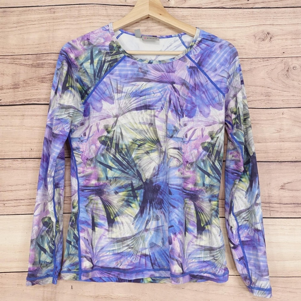 Athleta Shirt Womens M Multi Floral Long Sleeve Crew Neck Stretch Top Athletic